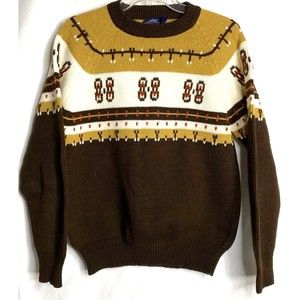 Vintage Essley Fair Isle Brown Tan Cream Acrylic Sweater Medium Taiwan Boho